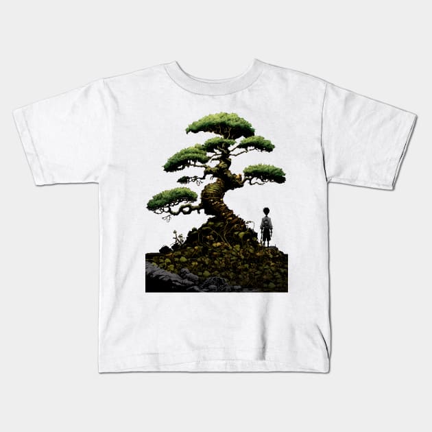 Contemplating the Complexities Under the Japanese Bonsai Tree No. 2: Where am I? Kids T-Shirt by Puff Sumo